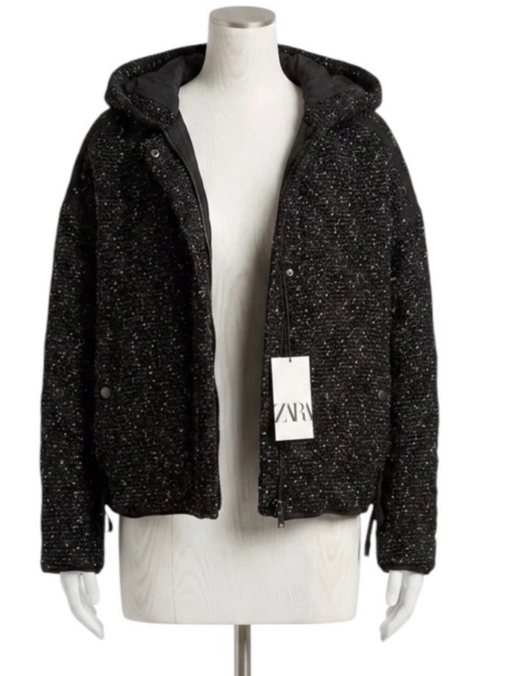 Zara NWT Black Tweed Hooded Cropped Puffer Boucle Jacket Streetwear Size Medium